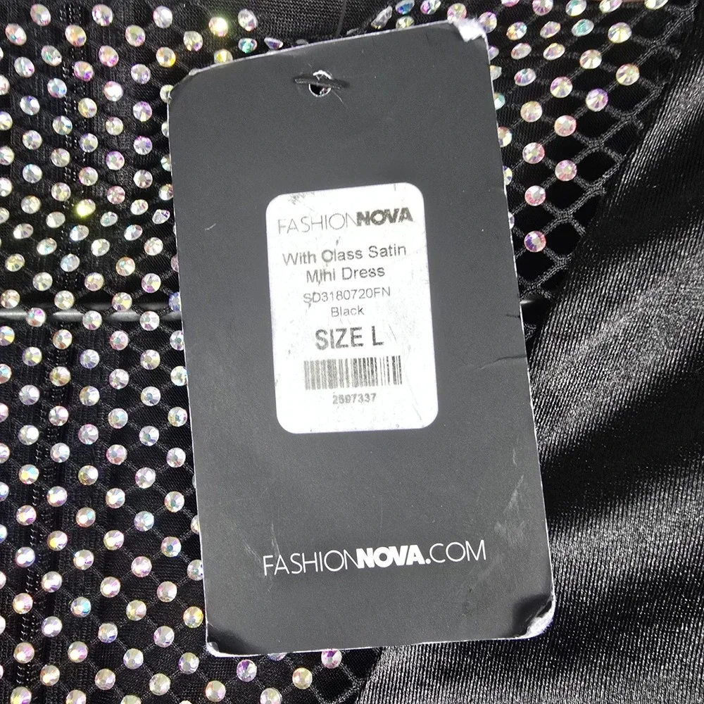 Fashion Nova New With Class Black Satin Mini Dress Rhinestone Women's Size Large
